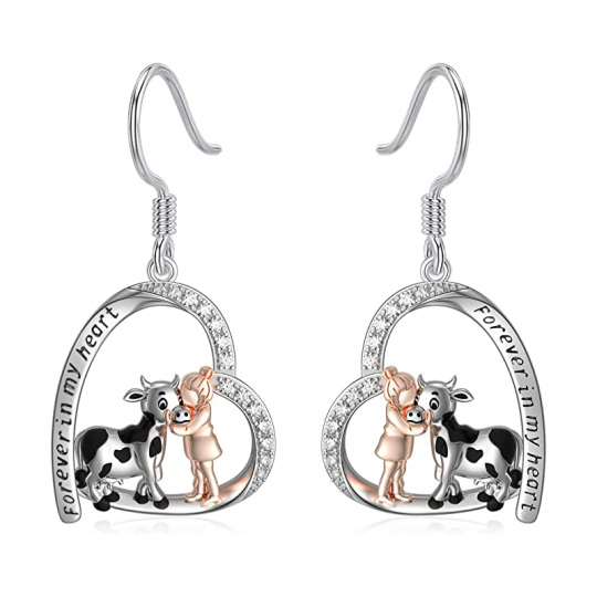 Sterling Silver Round Cubic Zirconia Cow Drop Earrings with Engraved Word