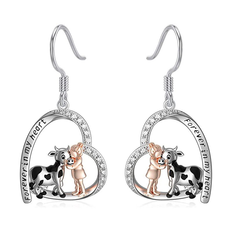 Sterling Silver Round Cubic Zirconia Cow Drop Earrings with Engraved Word-7