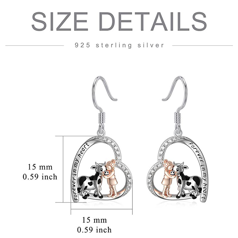 Pendants d'oreilles vache en argent sterling avec mot gravé et zirconium cubique rond-3