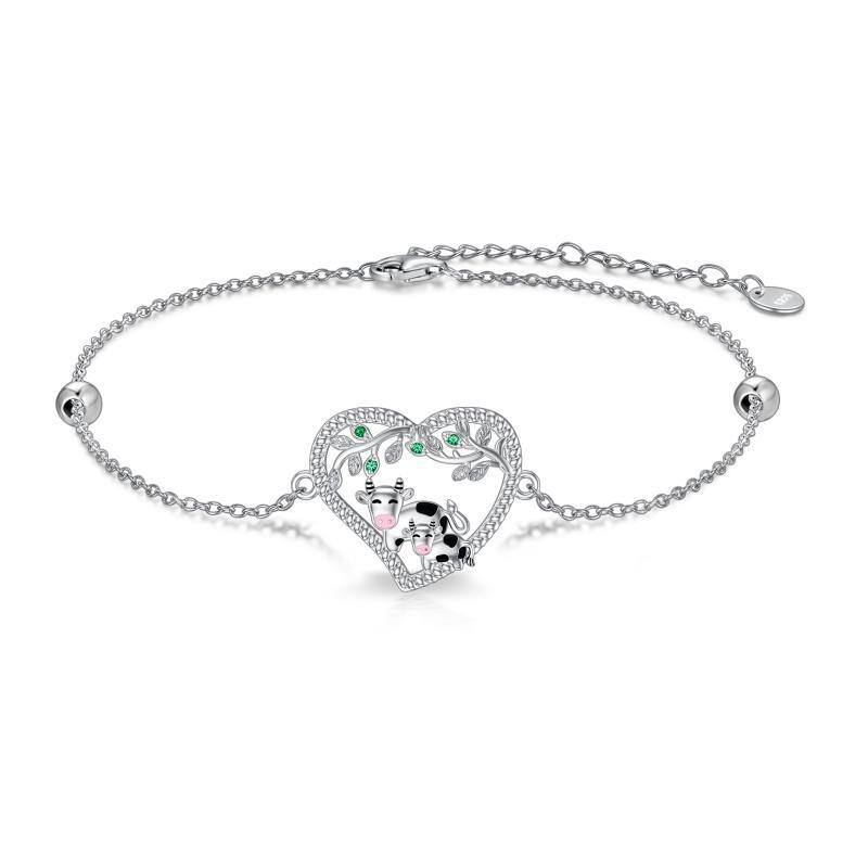 Sterling Silver Round Cubic Zirconia Cow & Heart Bead Station Chain Bracelet-1