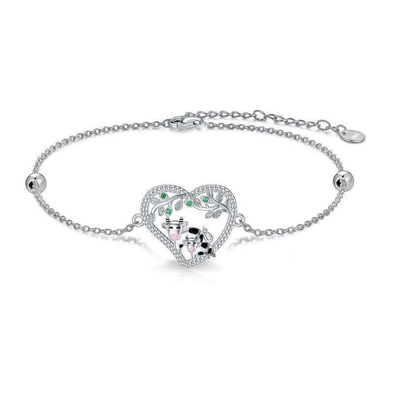 Sterling Silver Round Cubic Zirconia Cow & Heart Bead Station Chain Bracelet-31