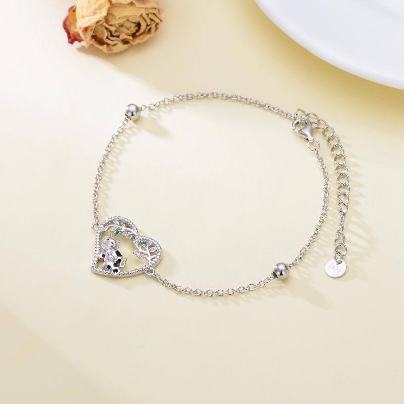 Pulsera de plata de ley con cadena redonda de circonitas cúbicas, vaca y corazón-3