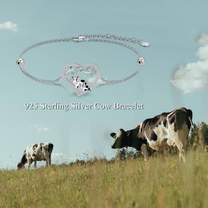 Sterling Silver Round Cubic Zirconia Cow & Heart Bead Station Chain Bracelet-6