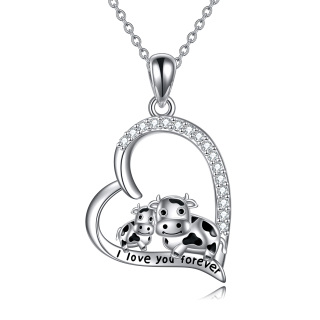 Sterling Silver Round Cubic Zirconia Cow & Heart Pendant Necklace with Engraved Word-44