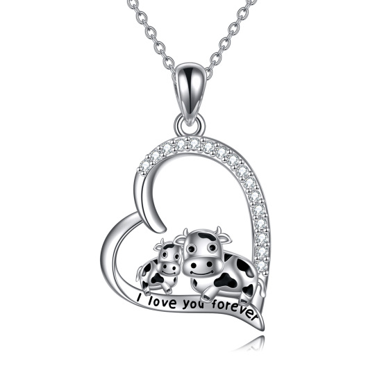 Collana con ciondolo a cuore e mucca in argento sterling con zirconia cubica tonda e parola incisa