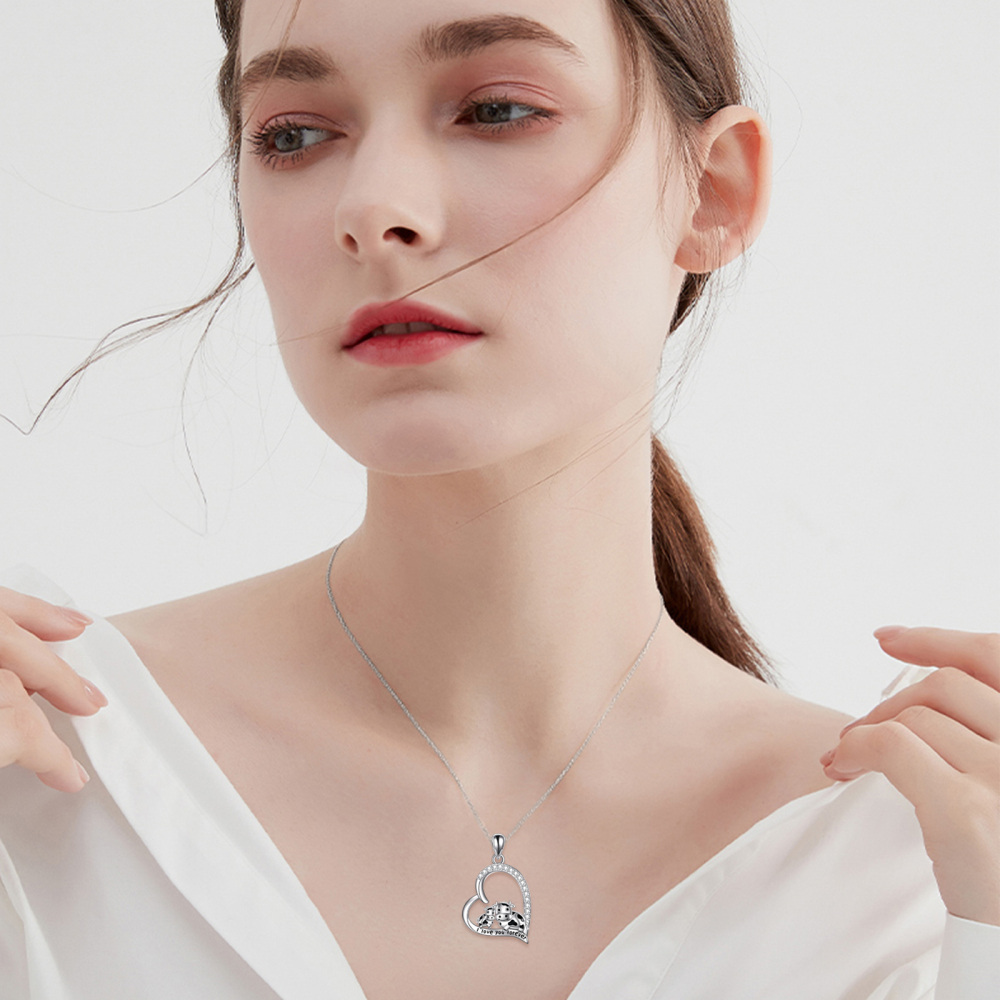Sterling Silver Round Cubic Zirconia Cow & Heart Pendant Necklace with Engraved Word-2