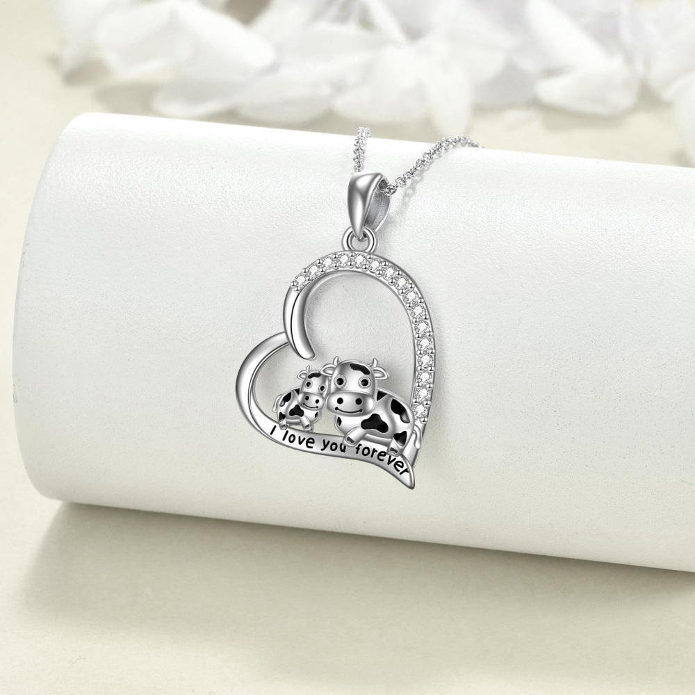 Sterling Silver Round Cubic Zirconia Cow & Heart Pendant Necklace with Engraved Word-3