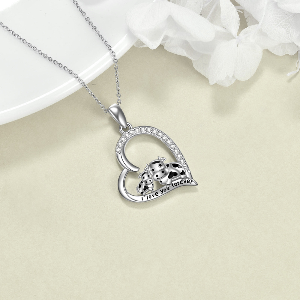 Sterling Silver Round Cubic Zirconia Cow & Heart Pendant Necklace with Engraved Word-4