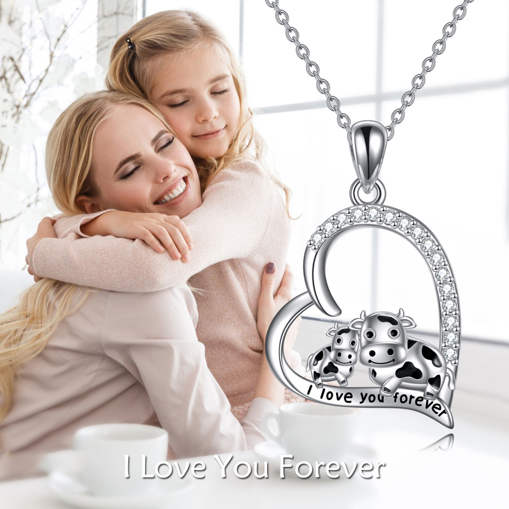 Sterling Silver Round Cubic Zirconia Cow & Heart Pendant Necklace with Engraved Word-5