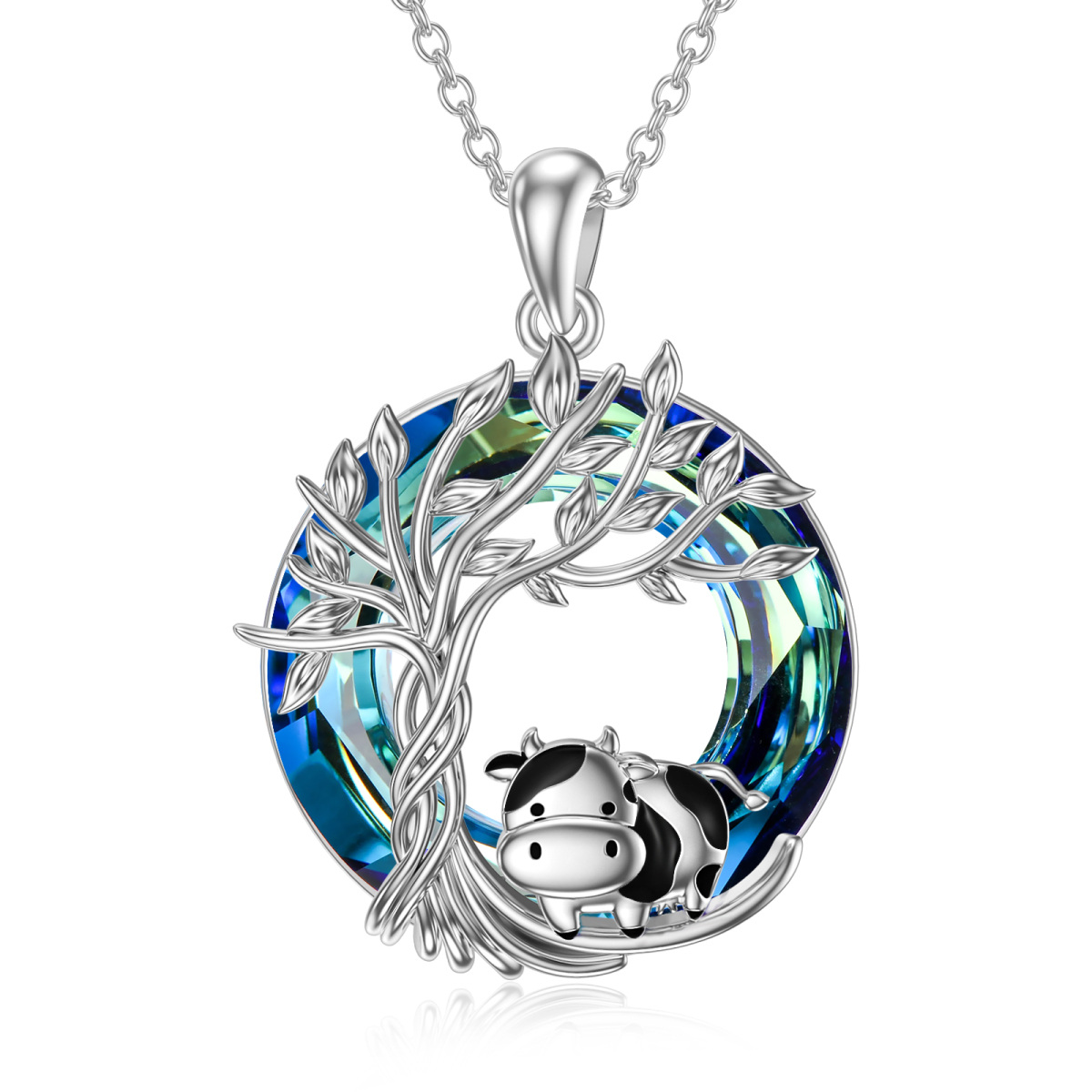 Sterling Silver Round Cow & Tree Of Life Crystal Pendant Necklace-1