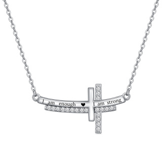 Sterling Silver Round Cubic Zirconia Cross Bar Necklace with Engraved Word-55