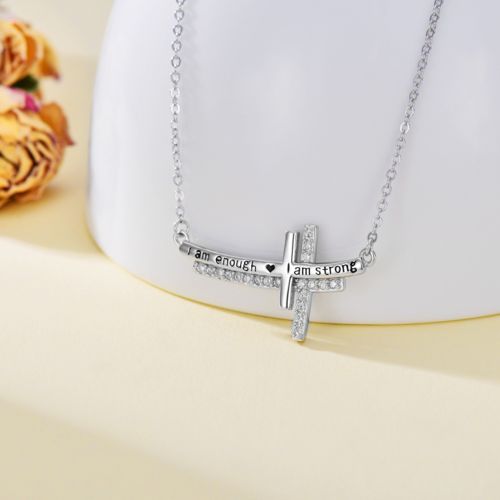 Sterling Silber Runde Cubic Zirkonia Kreuz Bar Halskette mit eingraviertem Wort-3