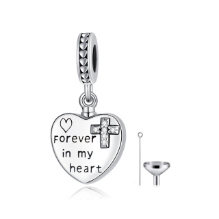 Sterling Silver Round Cubic Zirconia Cross & Heart Dangle Charm with Engraved Word-9