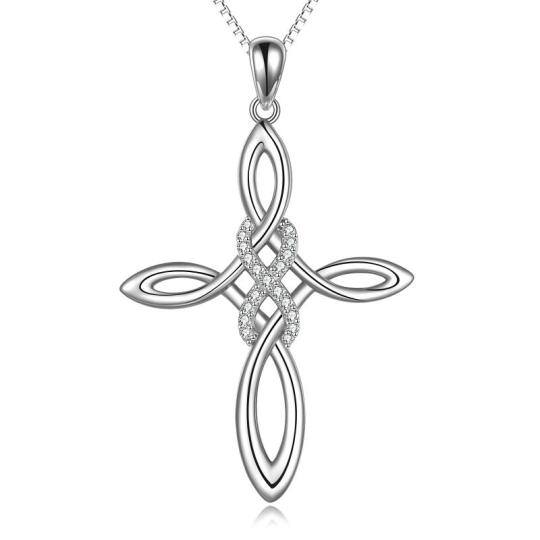 Sterling Silver Round Cubic Zirconia Cross & Infinity Symbol Pendant Necklace