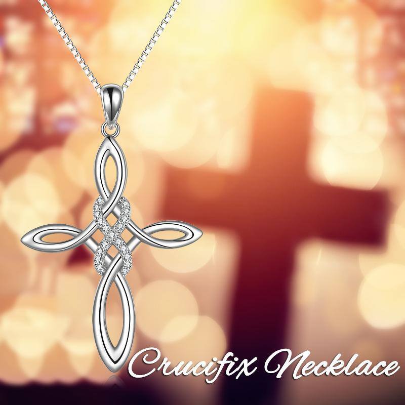 Sterling Silver Round Cubic Zirconia Cross & Infinity Symbol Pendant Necklace-3