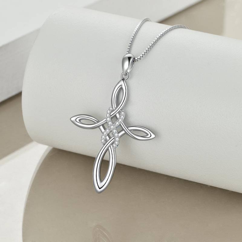 Sterling Silver Round Cubic Zirconia Cross & Infinity Symbol Pendant Necklace-4