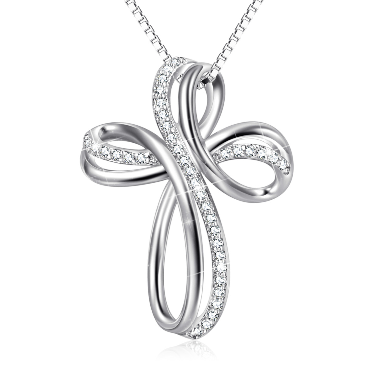 Sterling Silber Runde Cubic Zirkonia Kreuz & Infinity Symbol Anhänger Halskette-1