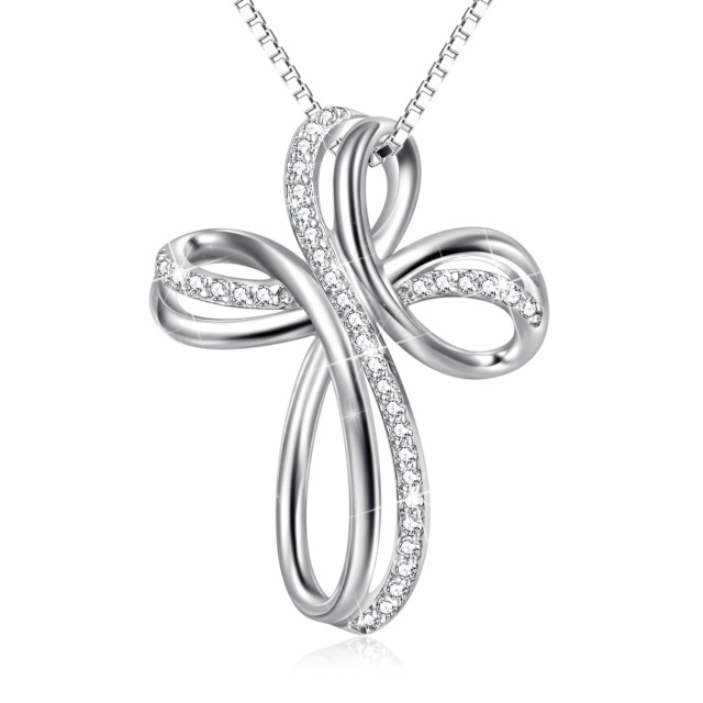 Sterling Silver Round Cubic Zirconia Cross & Infinity Symbol Pendant Necklace-1