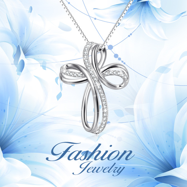 Sterling Silber Runde Cubic Zirkonia Kreuz & Infinity Symbol Anhänger Halskette-4