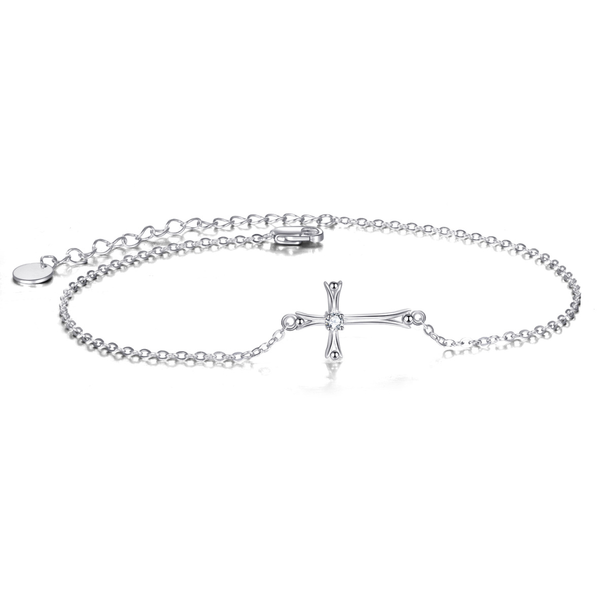 Sterling Silver Round Cubic Zirconia Cross Pendant Bracelet-1