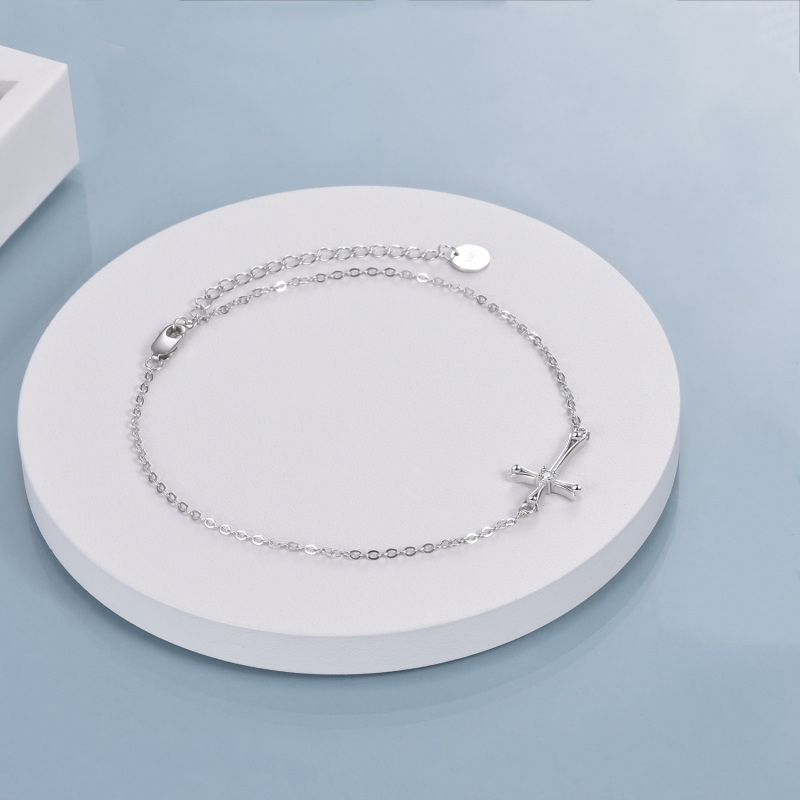 Sterling Silver Round Cubic Zirconia Cross Charm Bracelet-4