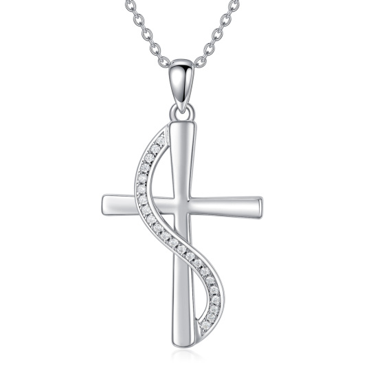 Sterling Silver Round Cubic Zirconia Cross Pendant Necklace with Initial Letter S