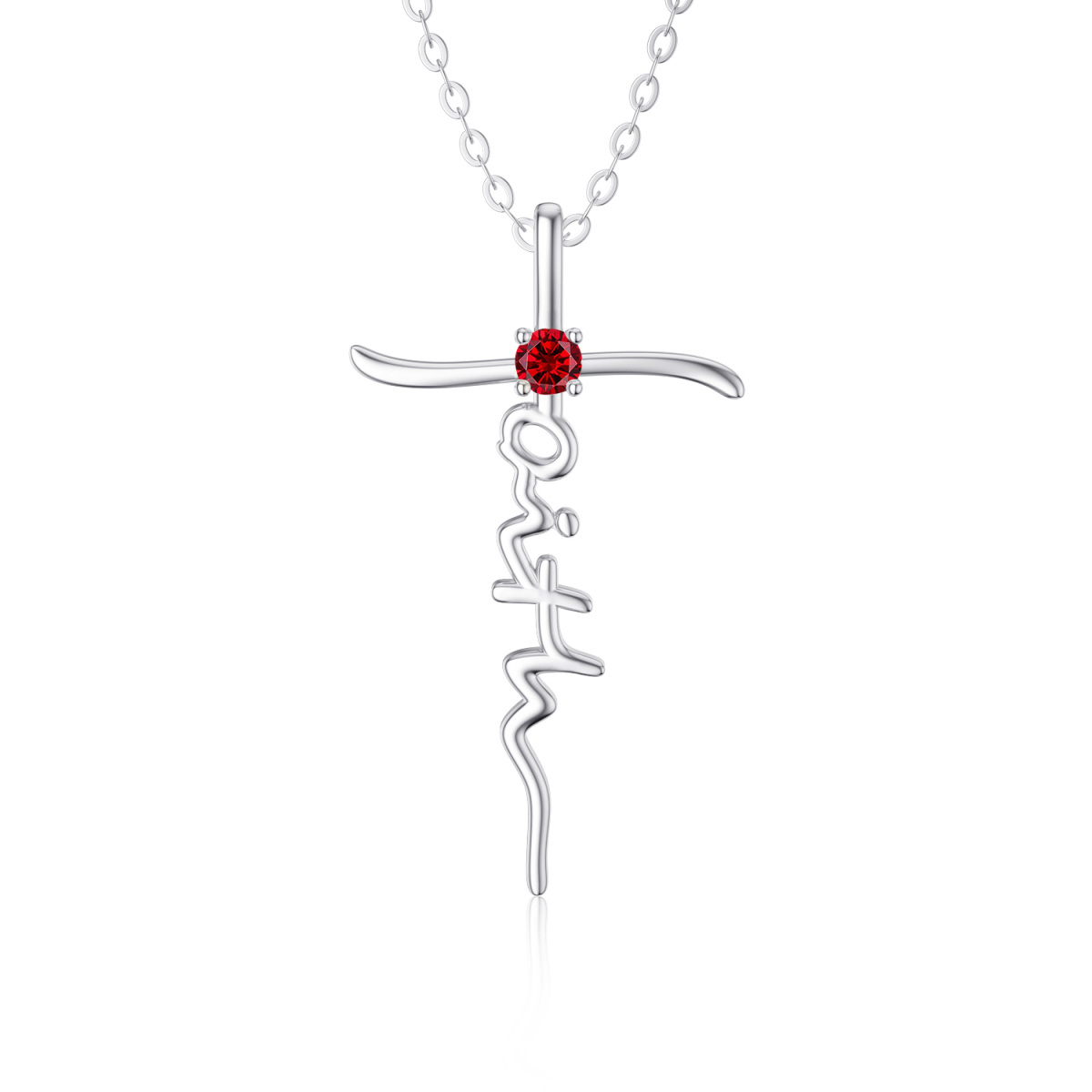 Collana con ciondolo a forma di croce in argento sterling con zirconi rotondi e parola incisa-1