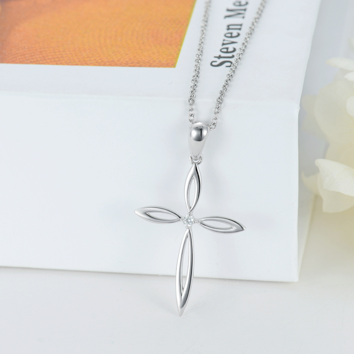 Sterling Silver Round Cubic Zirconia Cross Pendant Necklace-3