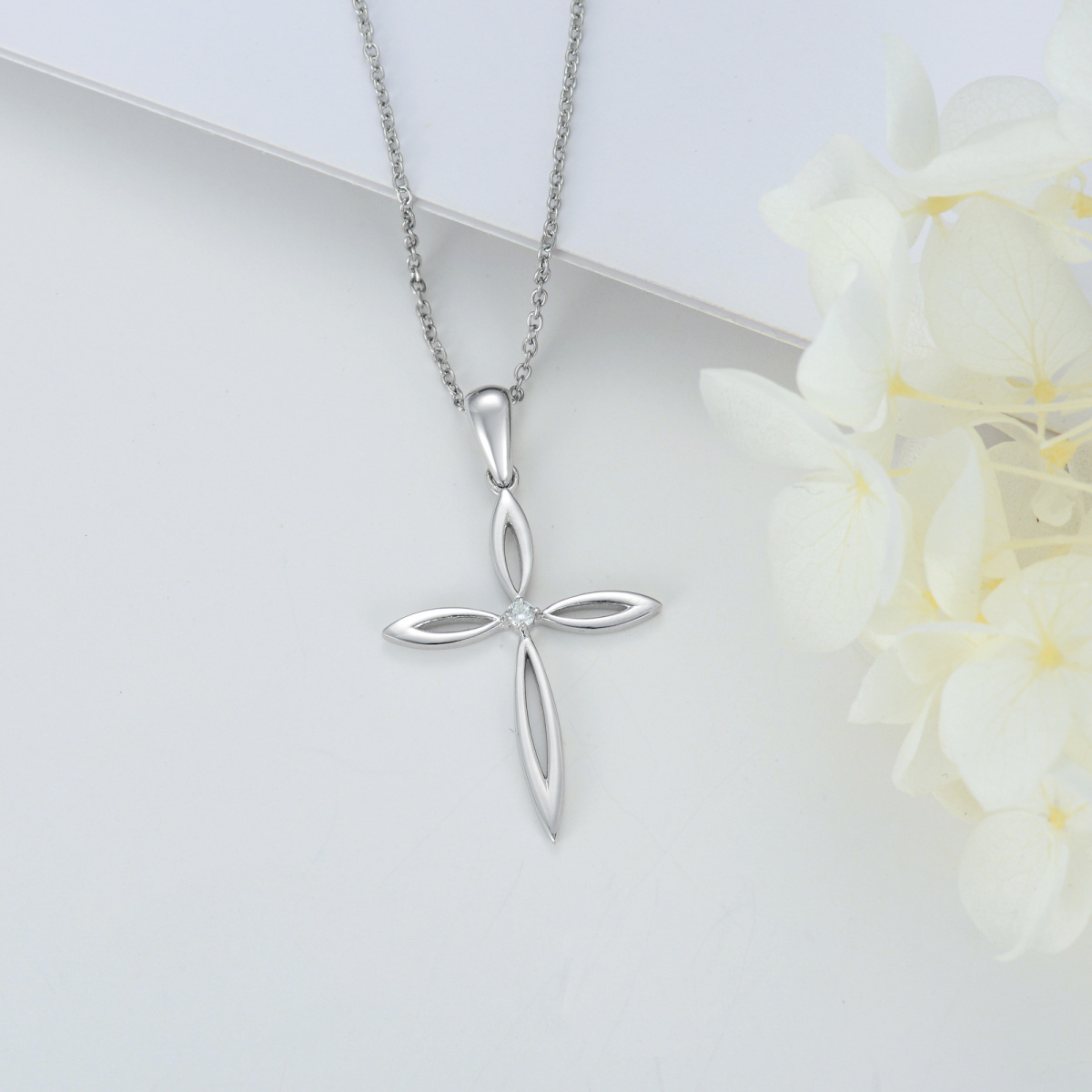 Sterling Silver Round Cubic Zirconia Cross Pendant Necklace-4