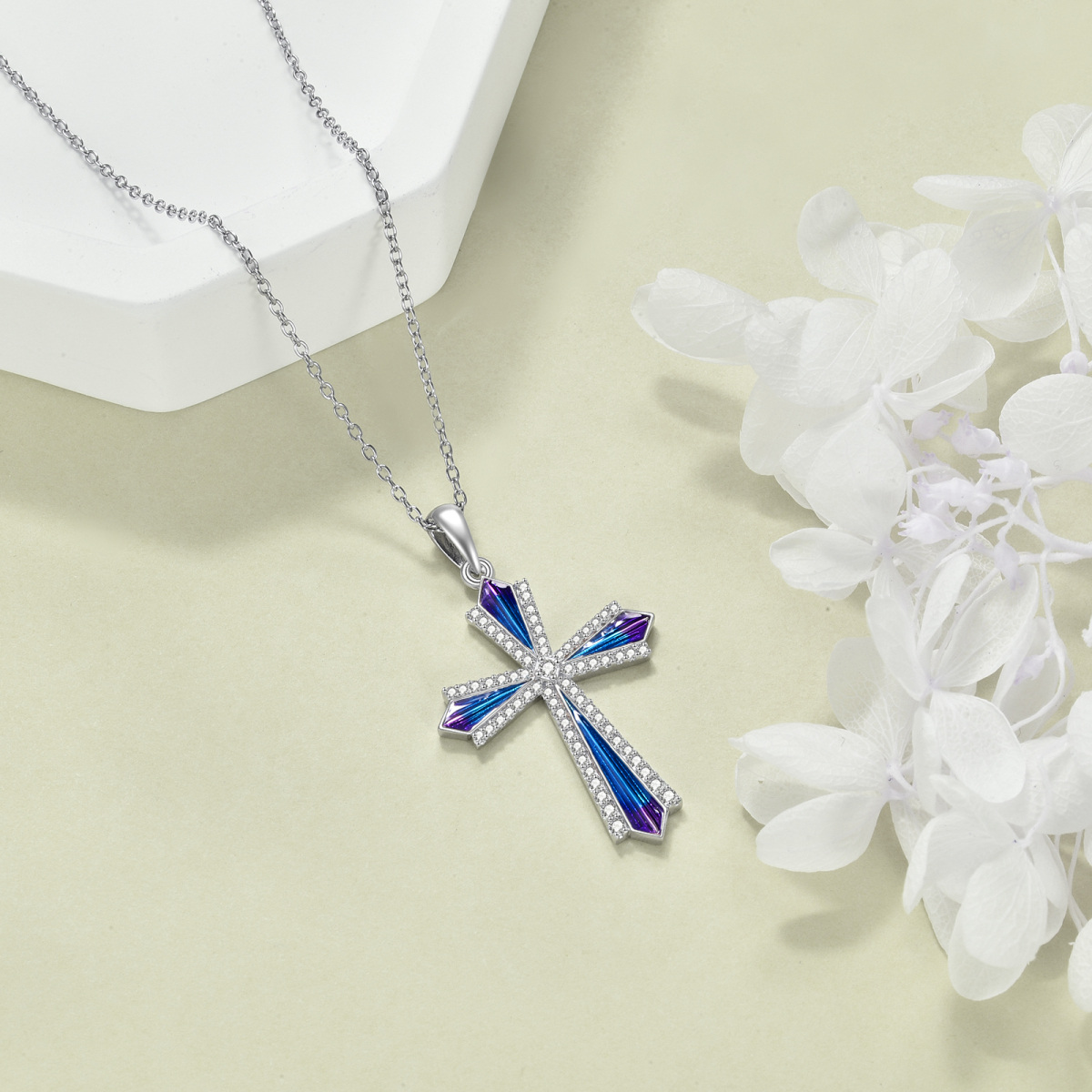 Sterling Silver Round Cubic Zirconia Cross Pendant Necklace-5