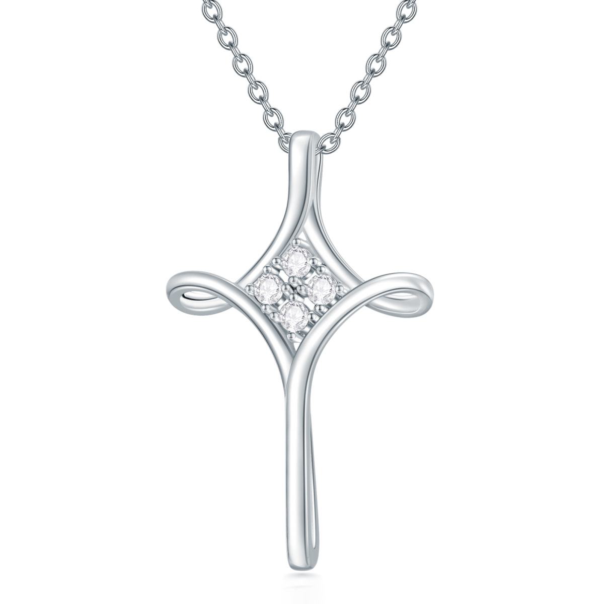 Sterling Silver Round Cubic Zirconia Cross Pendant Necklace-1