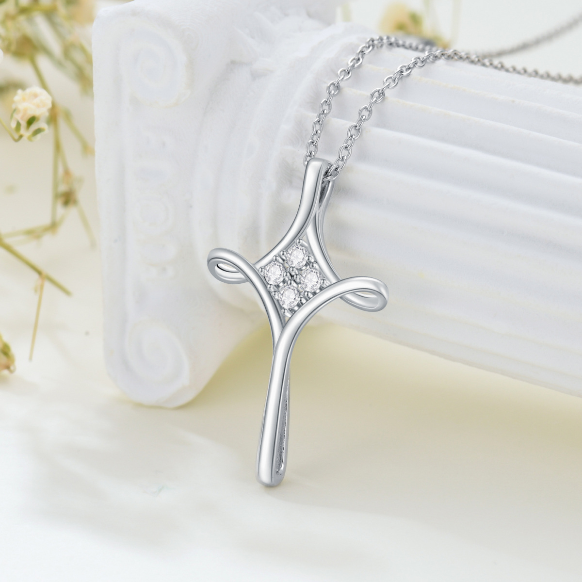 Sterling Silver Round Cubic Zirconia Cross Pendant Necklace-3