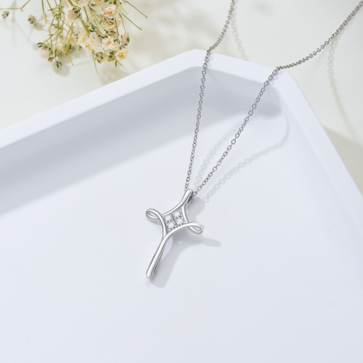 Sterling Silver Round Cubic Zirconia Cross Pendant Necklace-4