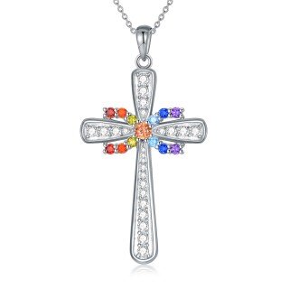 Sterling Silver Round Cubic Zirconia Cross Pendant Necklace-11