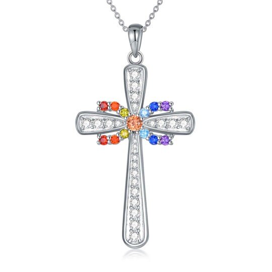 Sterling Silver Round Cubic Zirconia Cross Pendant Necklace