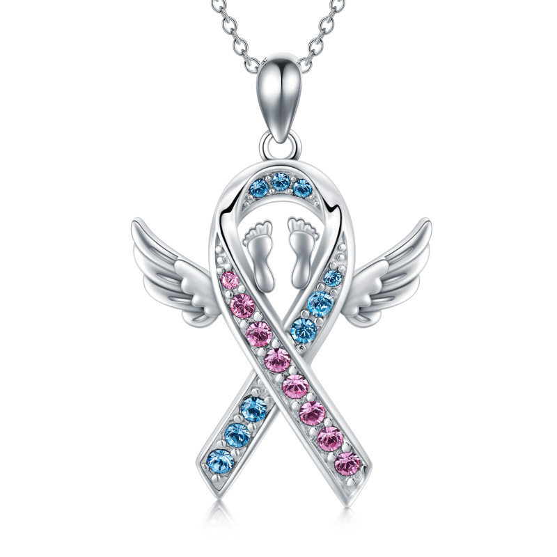 Sterling Silver Circular Shaped Crystal Angel Wing Footprints Pendant Necklace-4