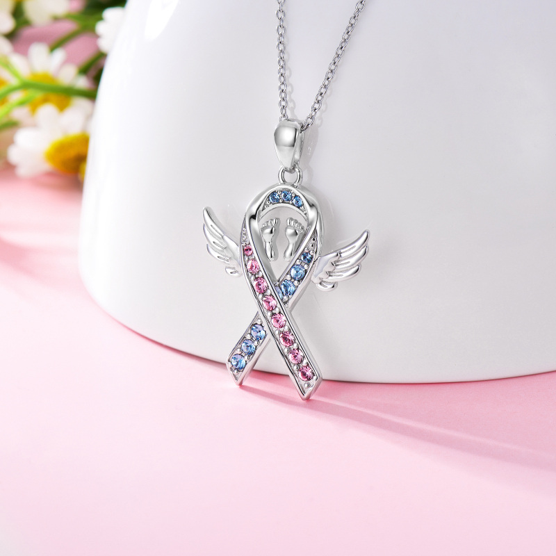 Colar com pingente de pegadas de asas de anjo em forma circular de cristal de prata esterlina-3