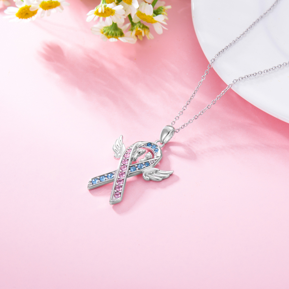 Colar com pingente de pegadas de asas de anjo em forma circular de cristal de prata esterlina-4