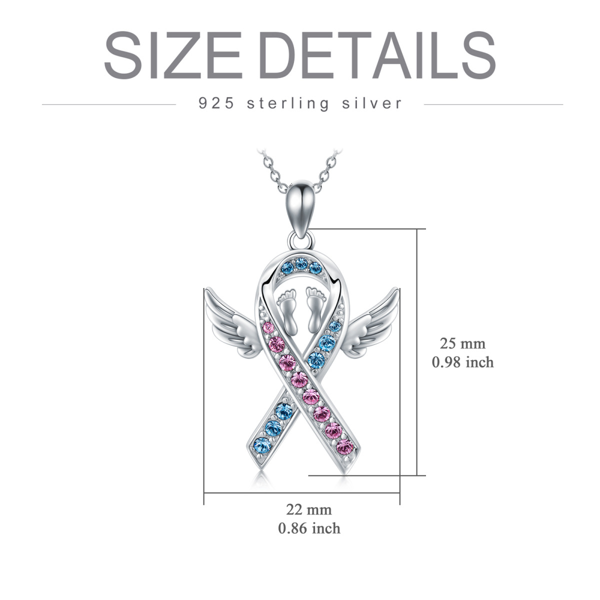 Sterling Silver Circular Shaped Crystal Angel Wing Footprints Pendant Necklace-5