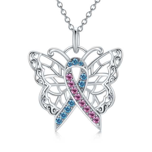 Sterling Silver Round Crystal Butterfly Pendant Necklace-1