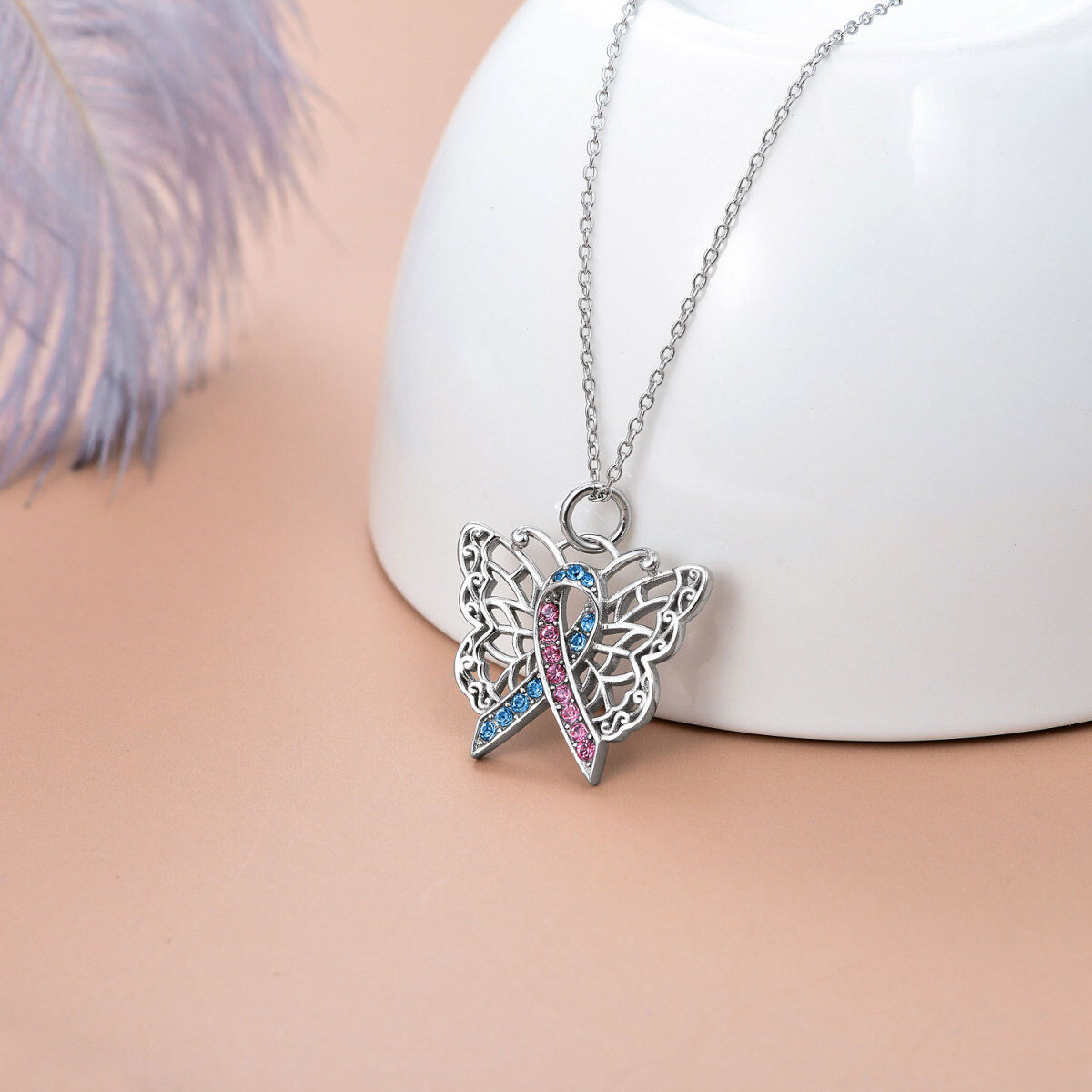 Sterling Silver Round Crystal Butterfly Pendant Necklace-5