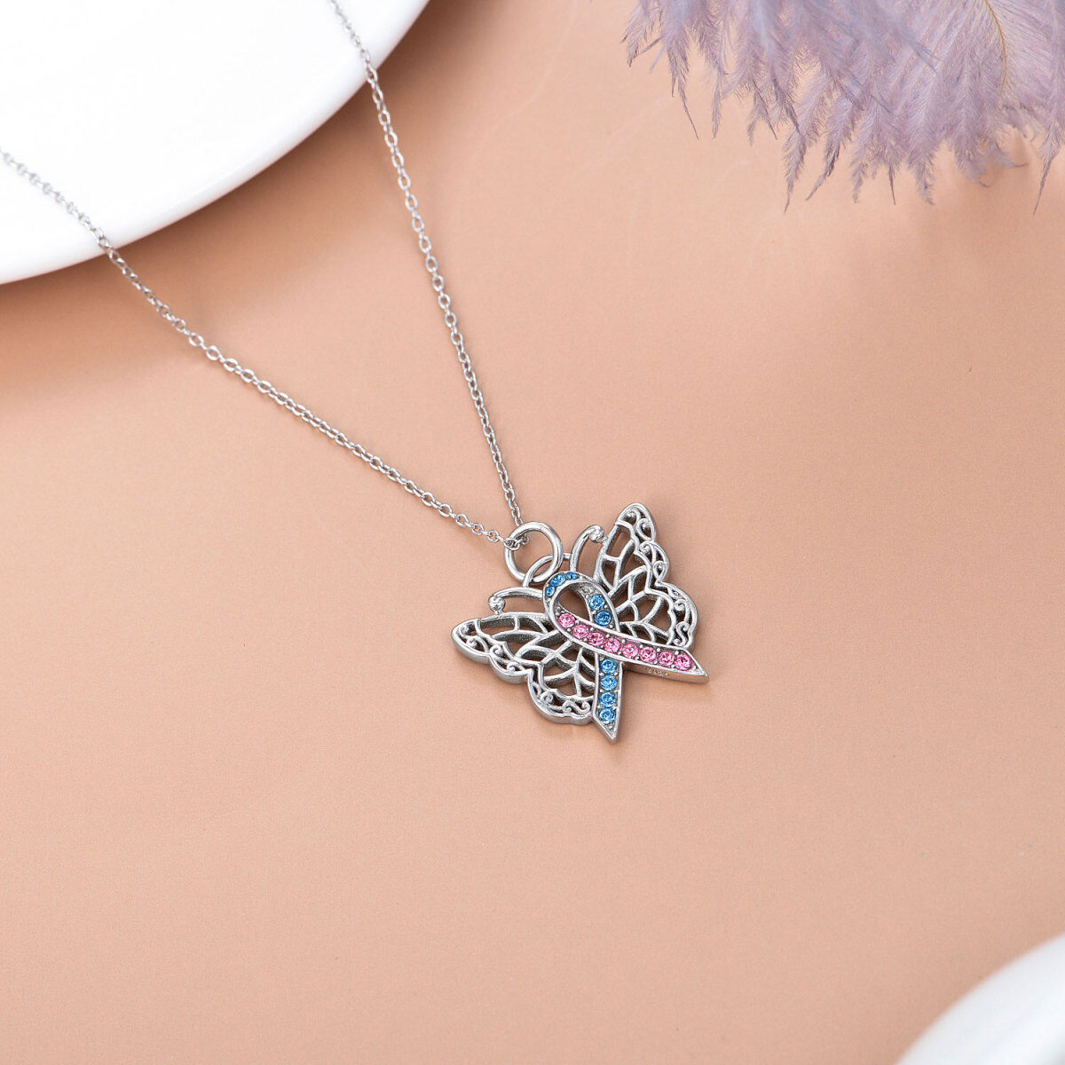 Sterling Silver Round Crystal Butterfly Pendant Necklace-6