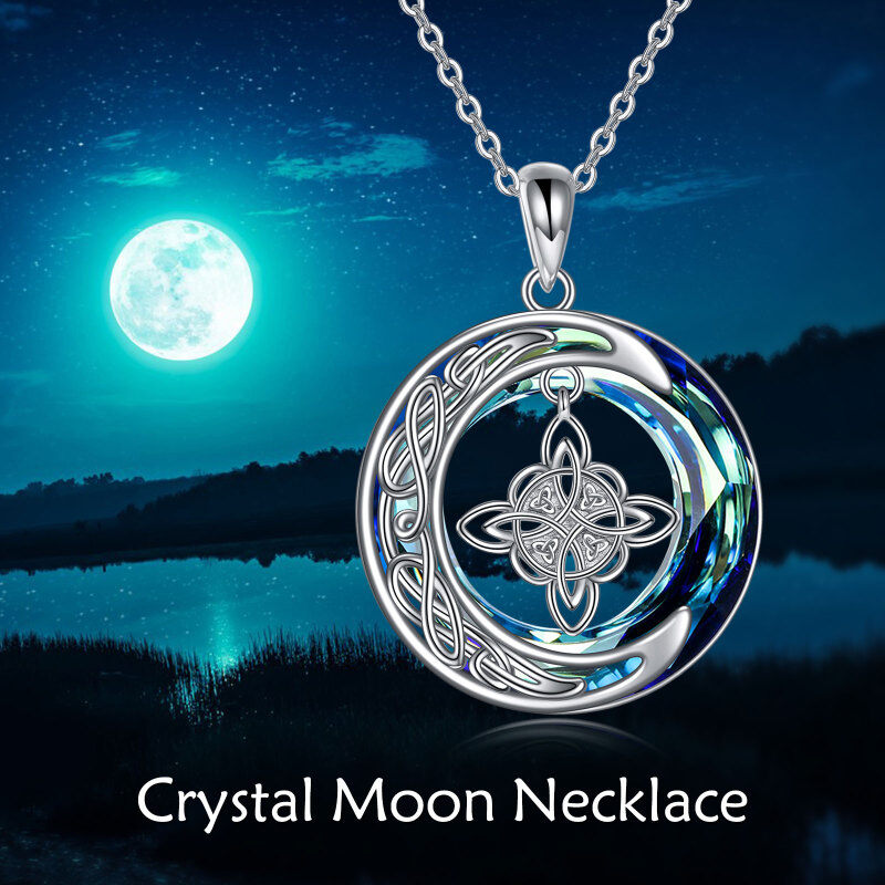 Sterling Silver Round Crystal Celtic Knot & Moon Pendant Necklace-3
