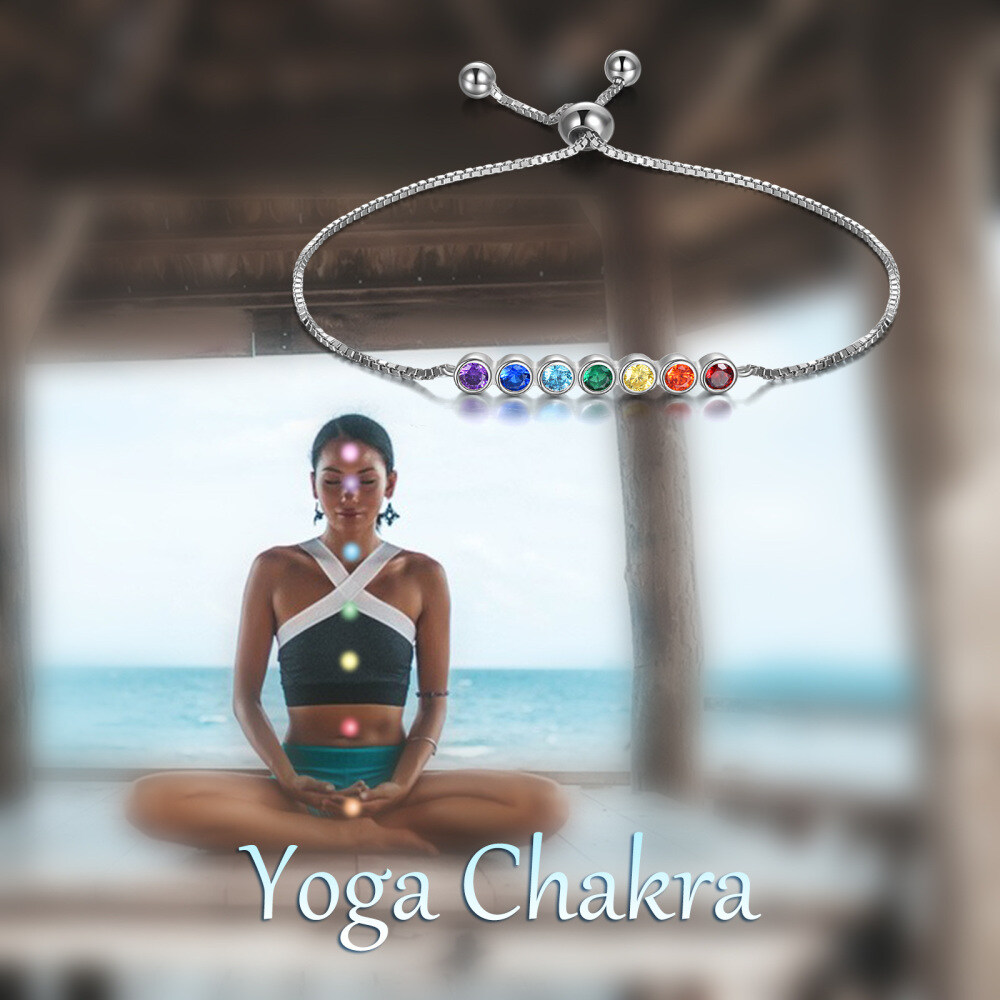 Sterling Silver Round Crystal Chakras Charm Bracelet-3