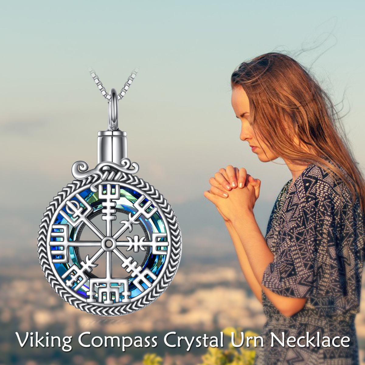 Sterling zilveren ronde kristallen kompas & Viking Rune Urn ketting voor as-6