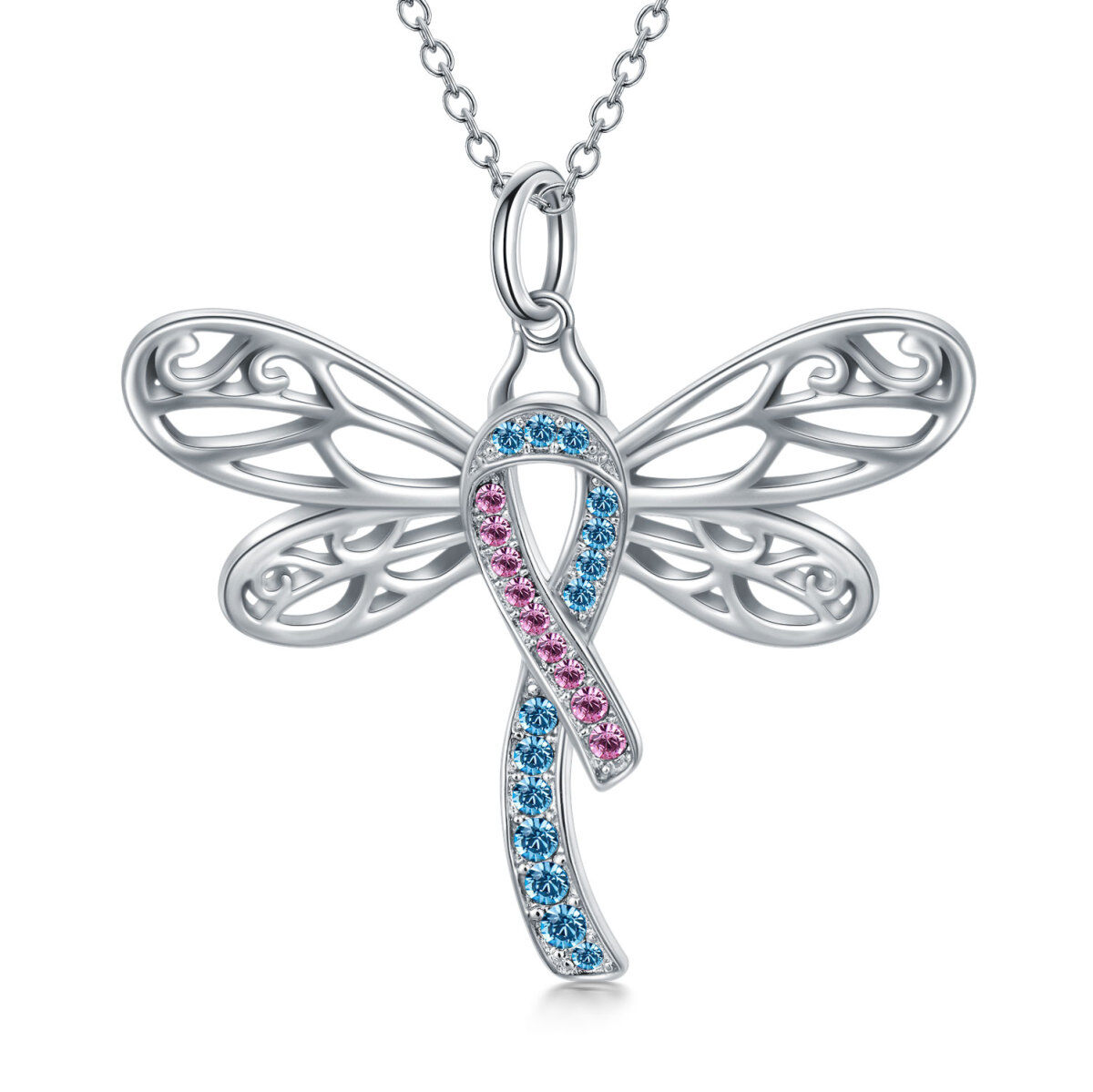 Sterling Silver Round Crystal Dragonfly Pendant Necklace-1