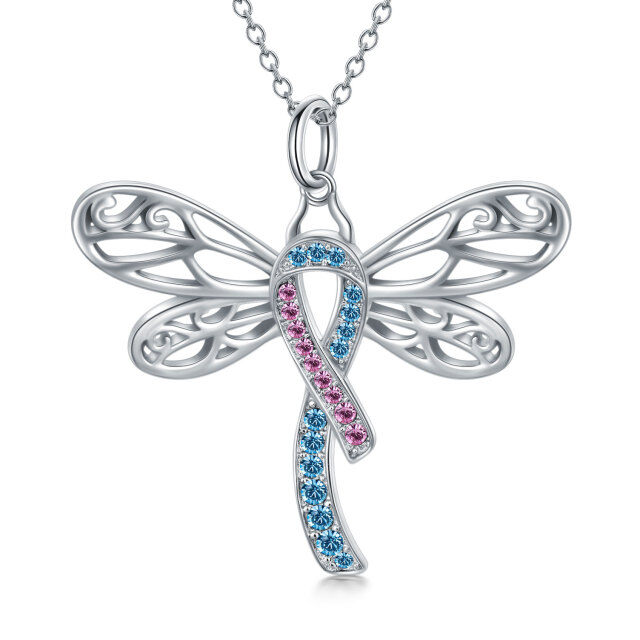 Sterling Silver Round Crystal Dragonfly Pendant Necklace-1