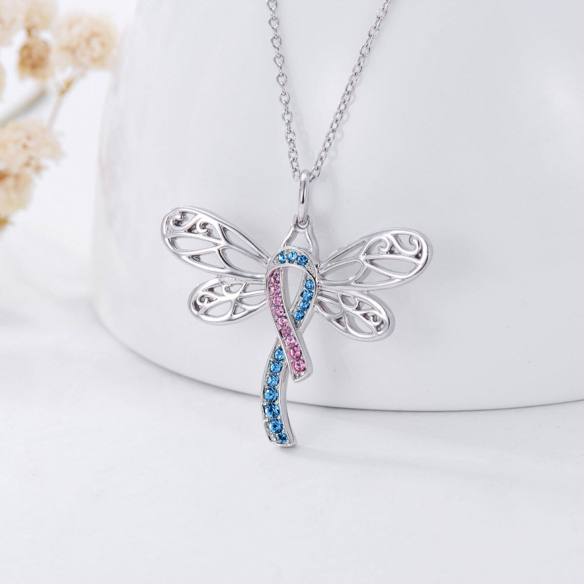 Sterling Silver Round Crystal Dragonfly Pendant Necklace-5