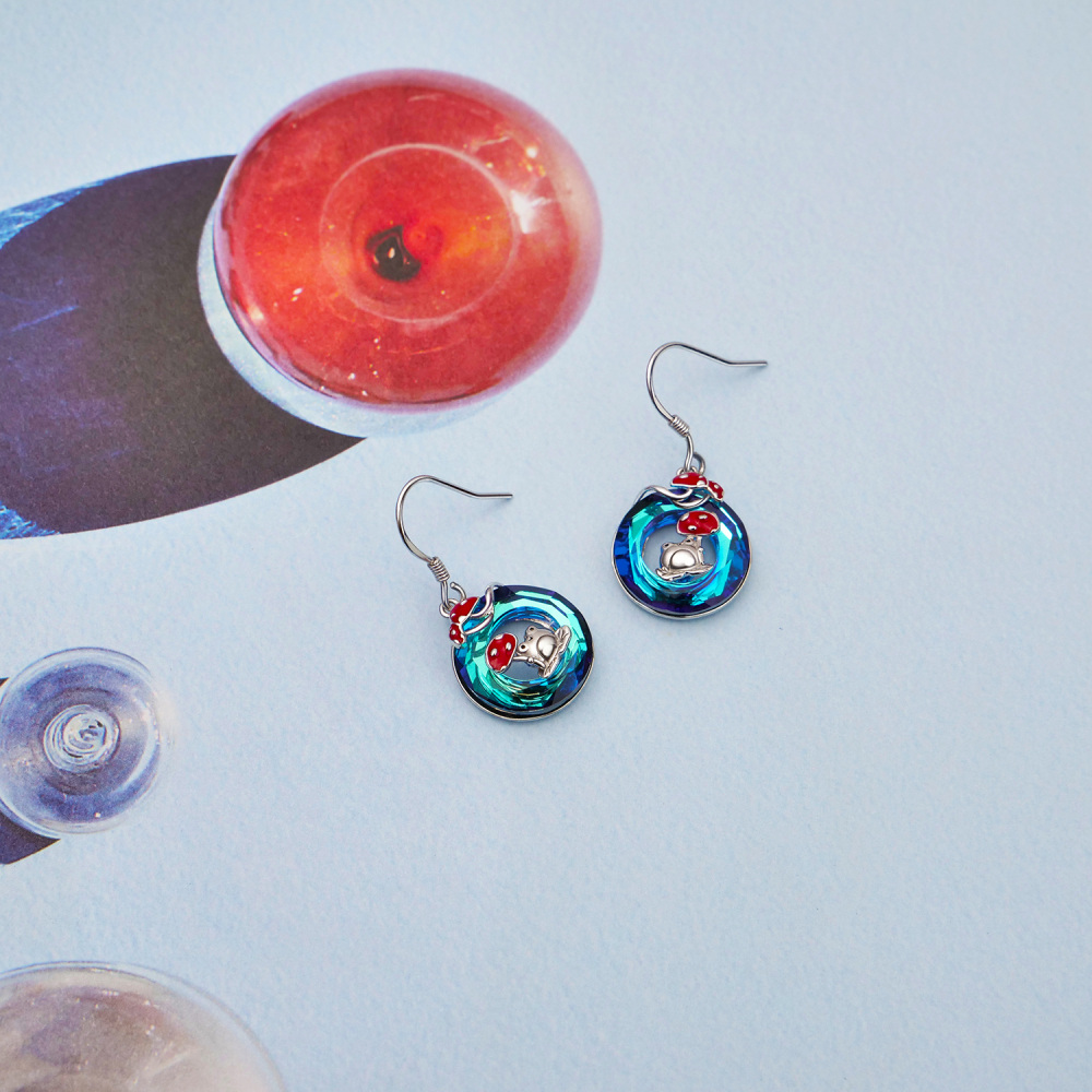 Sterling Silver Round Crystal Frog & Mushroom Drop Earrings-4