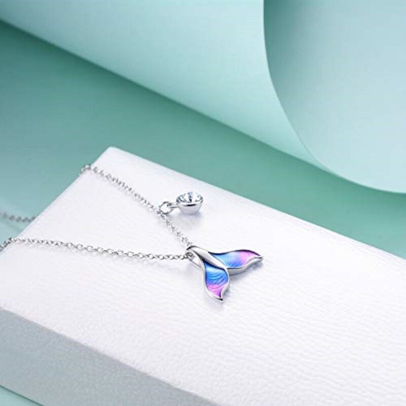 Sterling Silver Round Crystal Mermaid Tail Pendant Necklace-4